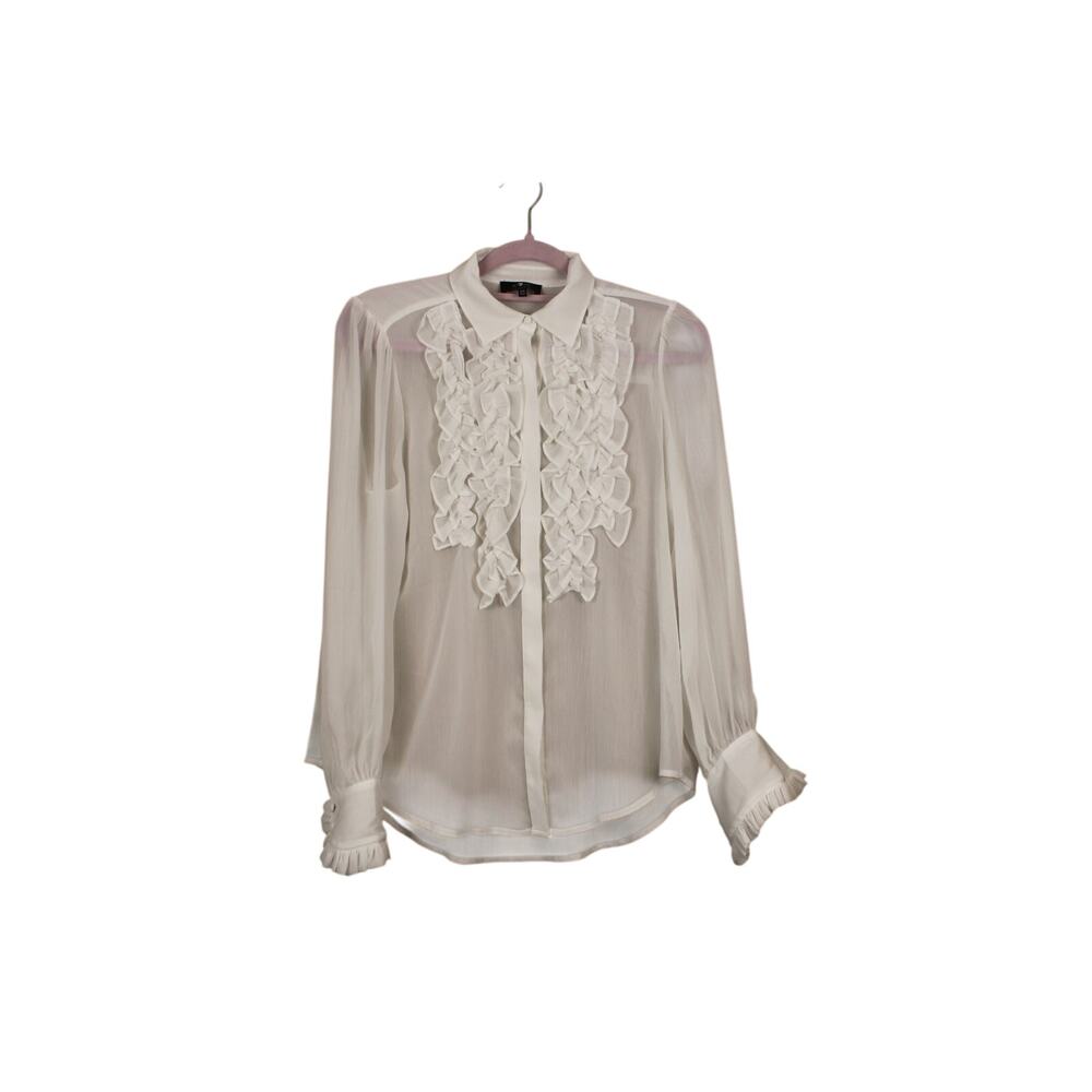 7 For All‎ Mankind White Textured Sheer Ruffle Button Up Dressy Blouse Size XS